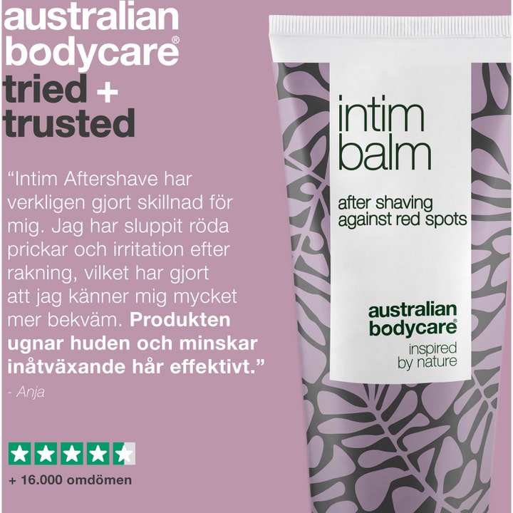 Australian Bodycare Intim Balm 100 ml rauhoittava voide tuubissa lehväkuviolla ja asiakasarvostelulla.