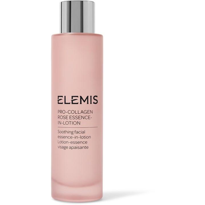Elemis Pro-Collagen Rose Essence-in-Lotion 100 ml rauhoittava hoitoneste vaaleanpunaisessa huurteisessa pullossa.