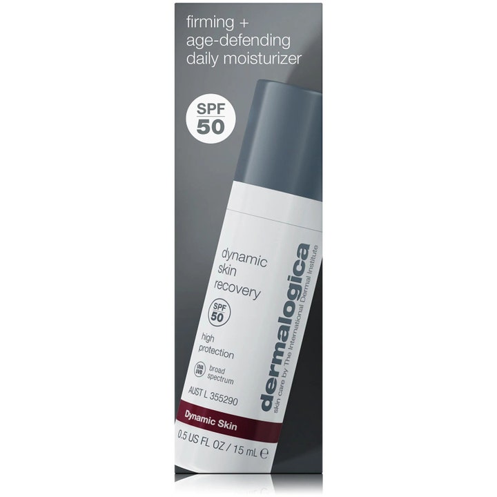 Dermalogica Dynamic Skin Recovery SPF50 15 ml kiinteyttävä päivävoide valkoisessa tuubissa ja harmaassa pakkauksessa