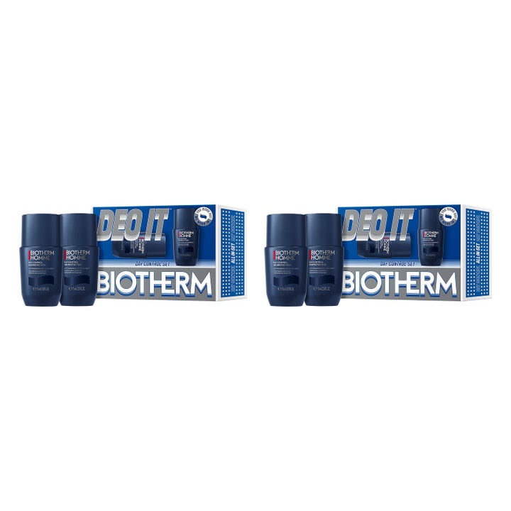 Biotherm Homme Day Control Set 2 x 75 ml raikastava deodoranttipakkaus sisältää kaksi tummansinistä roll-onia.