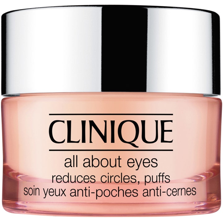 Clinique All About Eyes silmänympärysvoide vähentää turvotusta persikanvärisessä lasipurkissa hopeisella kannella
