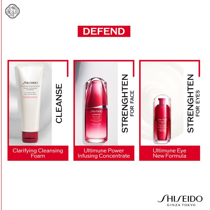Shiseido Ultimune Eye 15 ml vahvistava silmänympärysseerumi kolmen vaiheen ihonhoitorutiinissa.