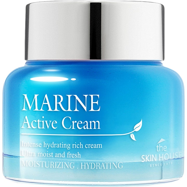 The Skin House Marine Active Cream kosteuttava kasvovoide sinisessä lasipurkissa jossa on hopeinen kansi