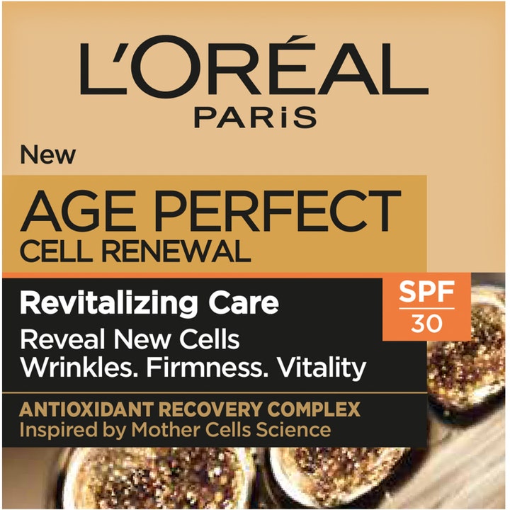 L'Oréal Paris Age Perfect Cell Renewal 50 ml elvyttävä päivävoide SPF 30 kultaisessa pakkauksessa.