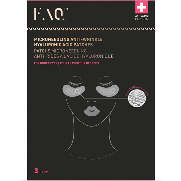 FAQ Swiss Microneedling Anti-Wrinkle Hyaluronic Acid Patches 3 paria silottavat silmänympäryslaput mustassa pakkauksessa