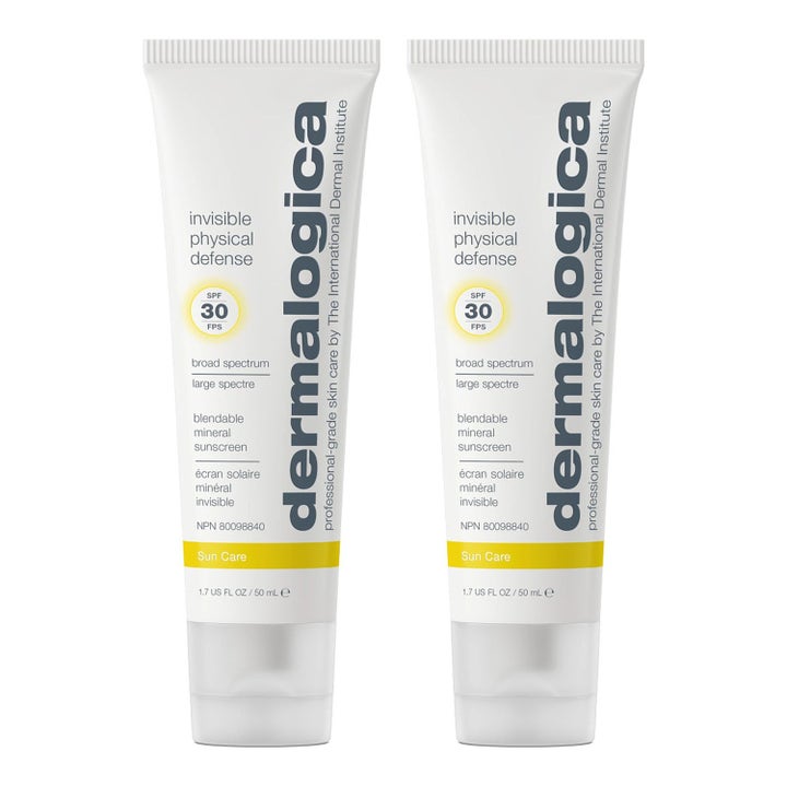 Dermalogica Invisible Physical Defense SPF 30 50 ml fysikaalinen aurinkosuojavoide kahdessa valkoisessa tuubissa.