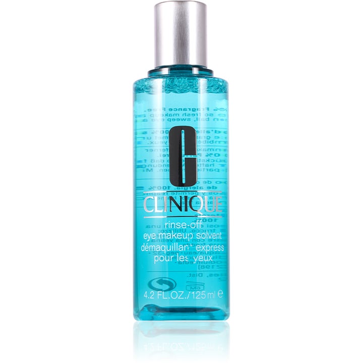 Clinique Rinse-Off Eye Makeup Solvent 125 ml silmämeikinpoistoaine kirkkaassa sinisessä pullossa hopeisella korkilla.