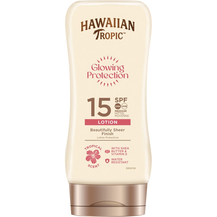 Hawaiian Tropic Glowing Protection SPF 15 suojavoide antaa hehkua vaaleassa kaarevassa pullossa pronssisella korkilla.