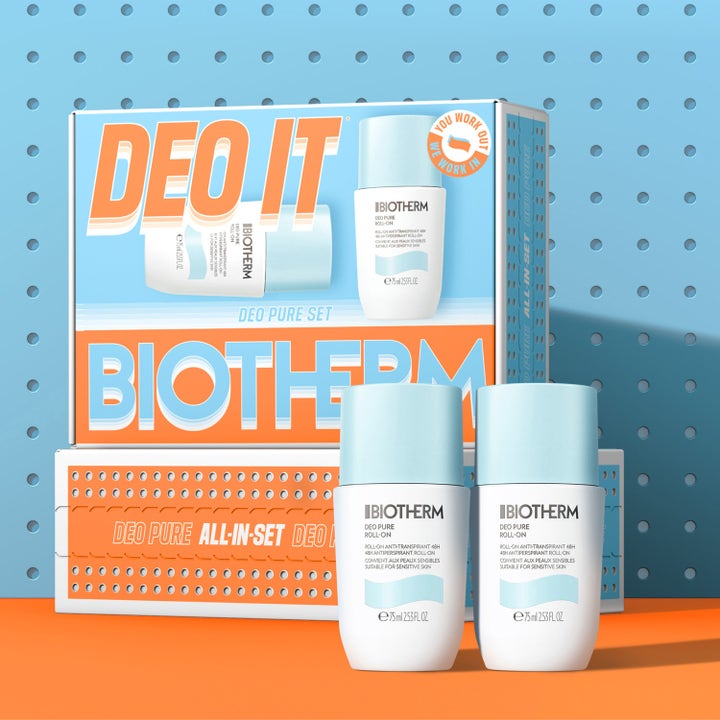 Biotherm Duo Deo Pure Set 150 ml raikastava deodorantti kaksi valkoista roll-onia ja sinioranssi lahjapakkaus