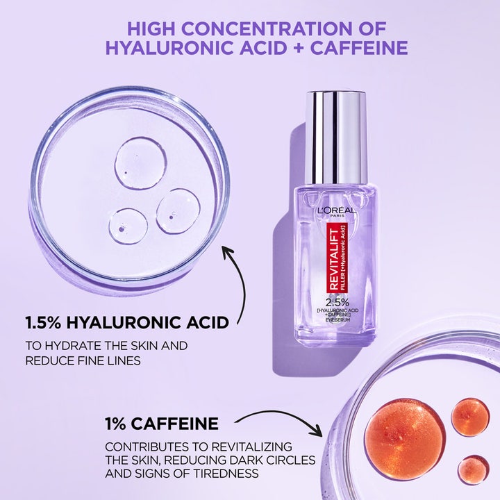L'Oréal Paris Filler Eye Serum 20 ml kosteuttava silmänympärysseerumi lasipullossa petrimaljojen ja seerumipisaroiden kera