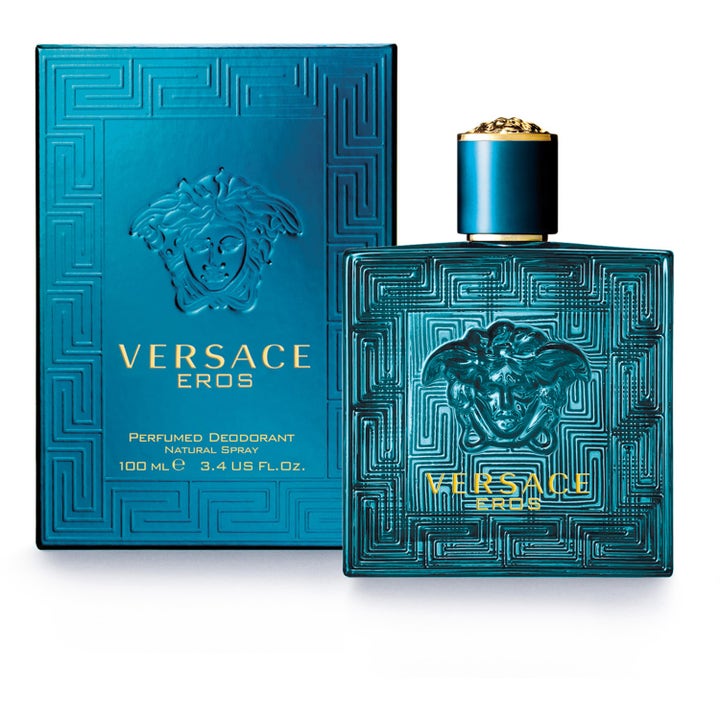 Versace Eros Pour Homme 100 ml deosuihke ja pakkaus turkoosilla Medusa-kuviolla ja kultaisilla teksteillä.