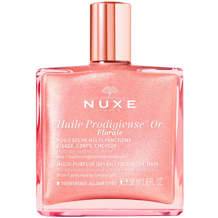 Nuxe Huile Prodigieuse Or Florale 50 ml heleyttävä kuivaöljy vaaleanpunaisessa lasipullossa jossa on ruusukultainen korkki