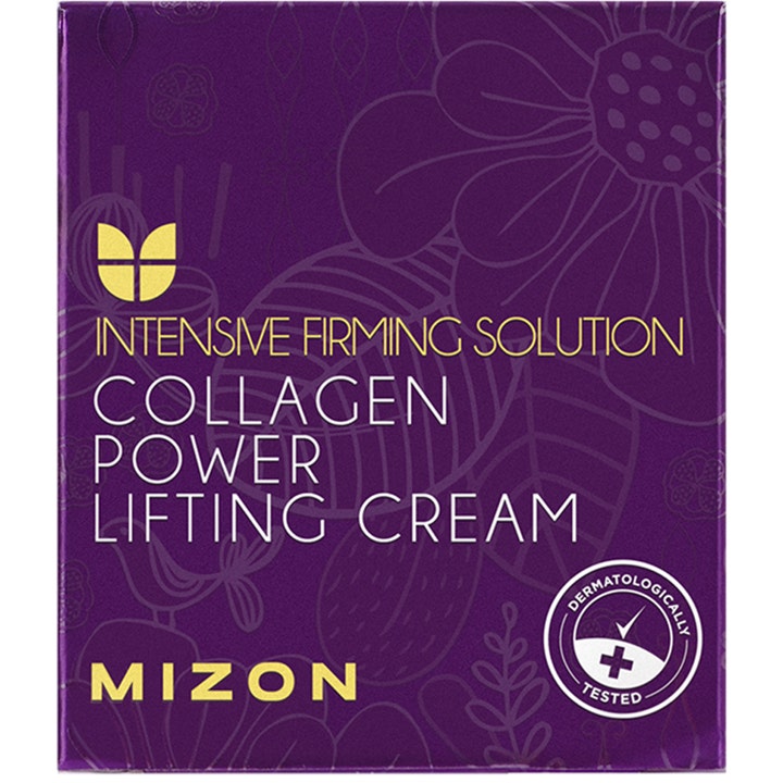 Mizon Collagen Power Lifting Cream 75 ml kiinteyttävä kasvovoide purppuranvärisessä kukkakuvioisessa pakkauksessa.
