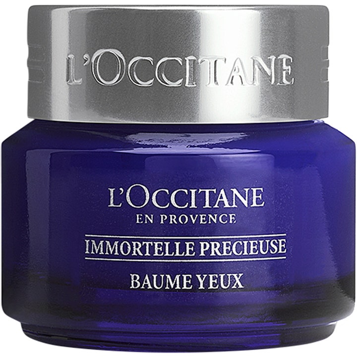 L'Occitane Immortelle Precieuse Baume Yeux 15 ml silmänympärysvoide silottaa juonteita sinisessä hopeakantisessa lasipurkissa.