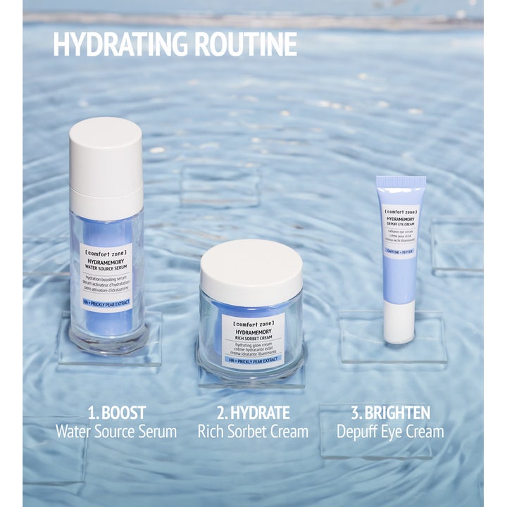 Comfort Zone Hydramemory Depuff Eye Cream 15 ml kirkastava silmänympärysvoide osana rutiinia veden päällä