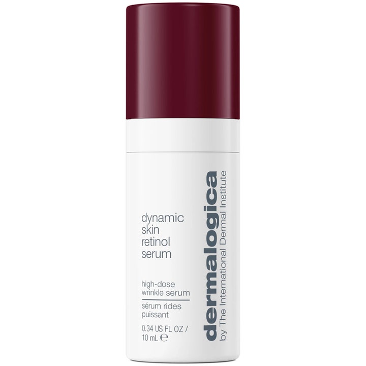 Dermalogica Dynamic Skin Retinol Serum 10 ml ryppyjä silottava seerumi valkoisessa pakkauksessa tummanpunaisella korkilla.