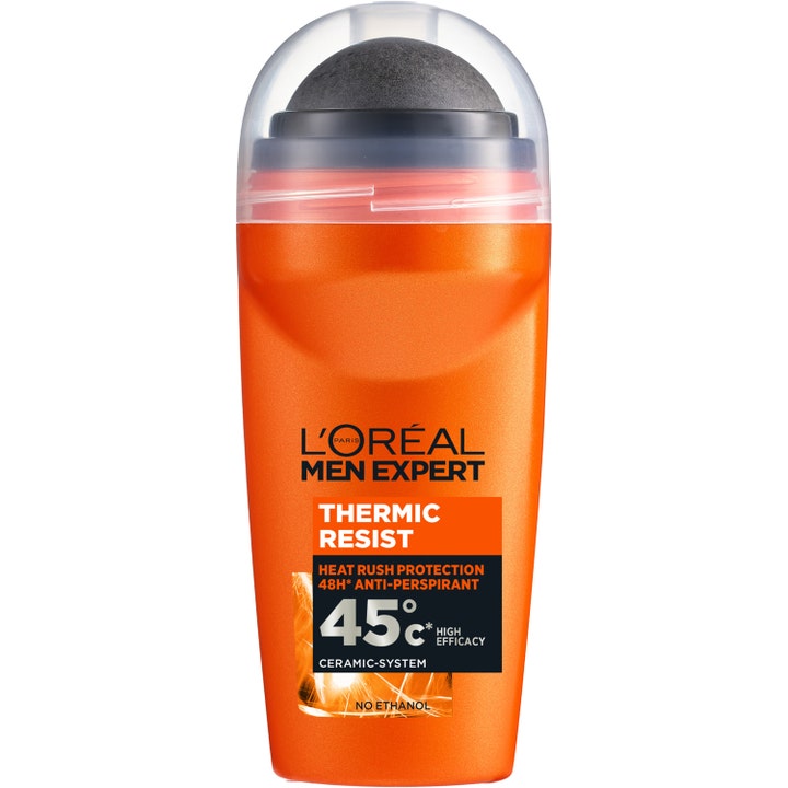 L'Oréal Men Expert Thermic Resist 50 ml suojaava antiperspirantti oranssissa roll-on-pakkauksessa harmaalla pallolla.