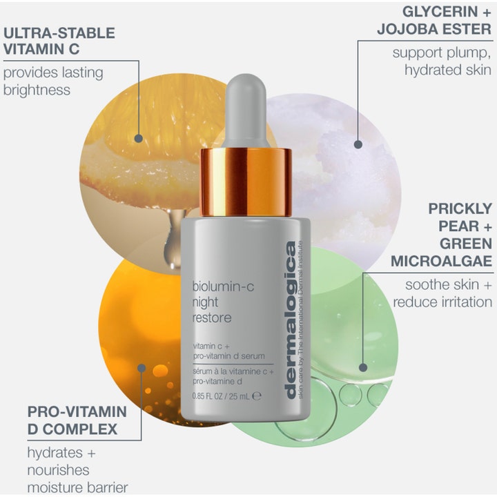 Dermalogica Biolumin-C Night Restore 25 ml kirkastava yöseerumi harmaassa pullossa C-vitamiini ainesosakuvituksella
