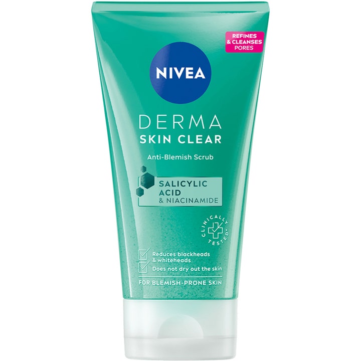 Nivea Derma Skin Clear Anti-Blemish Scrub 150 ml kuorinta-aine niasiiniamidilla ja salisyylihapolla turkoosissa tuubissa
