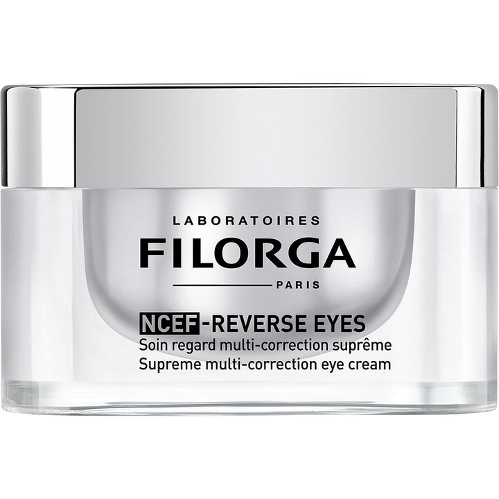 Filorga NCEF-Reverse Eyes 15 ml kirkastava silmänympärysvoide tyylikkäässä lasipurkissa hopeisella kannella