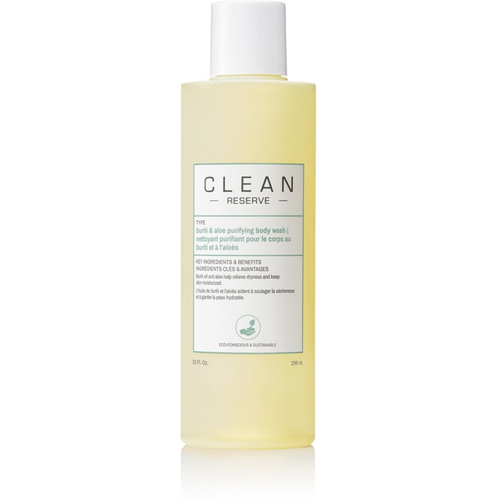 Clean Reserve Buriti & Aloe Purifying Body Wash 296 ml kosteuttava suihkugeeli vaaleankeltaisessa pullossa valkoisella korkilla