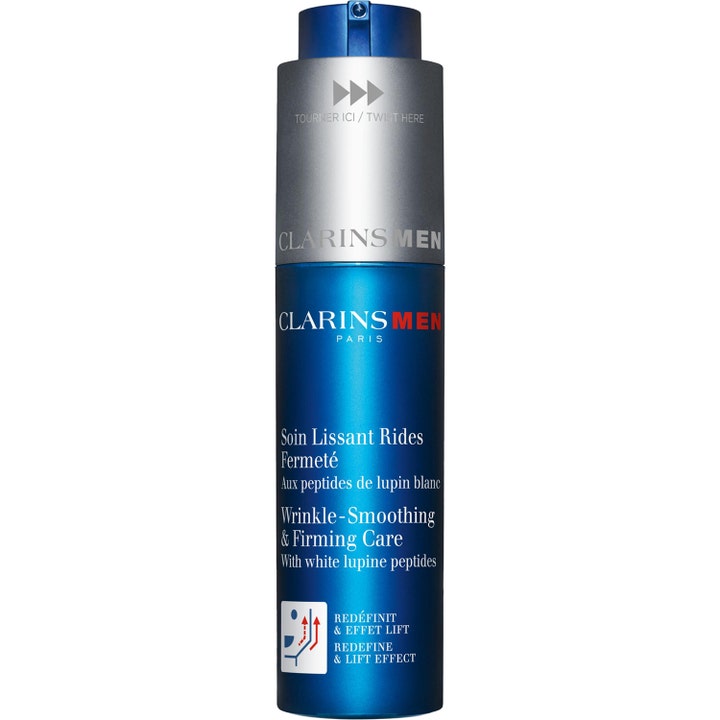 Clarins Men Wrinkle-Smoothing & Firming Care 50 ml silottava kasvovoide sinisessä metallipullossa.