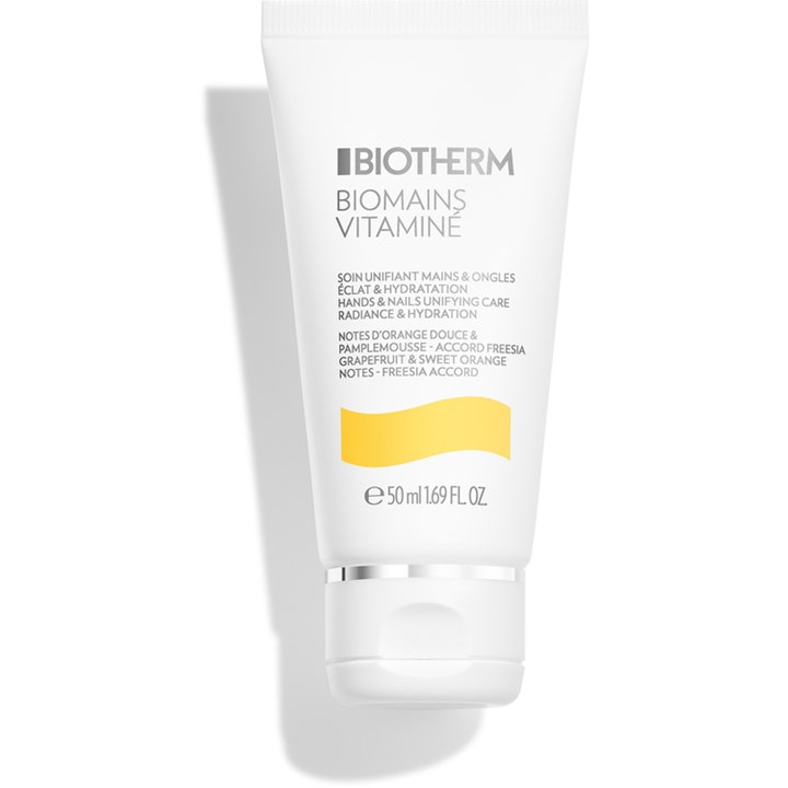 Biotherm Biomains Vitaminé 50 ml heleyttävä käsivoide valkoisessa muovituubissa jossa on keltainen aaltokuvio