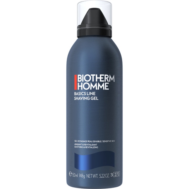 Biotherm Homme Basics Line Shaving Gel 150 ml rauhoittava partageeli herkälle iholle tummansinisessä metallipullossa.