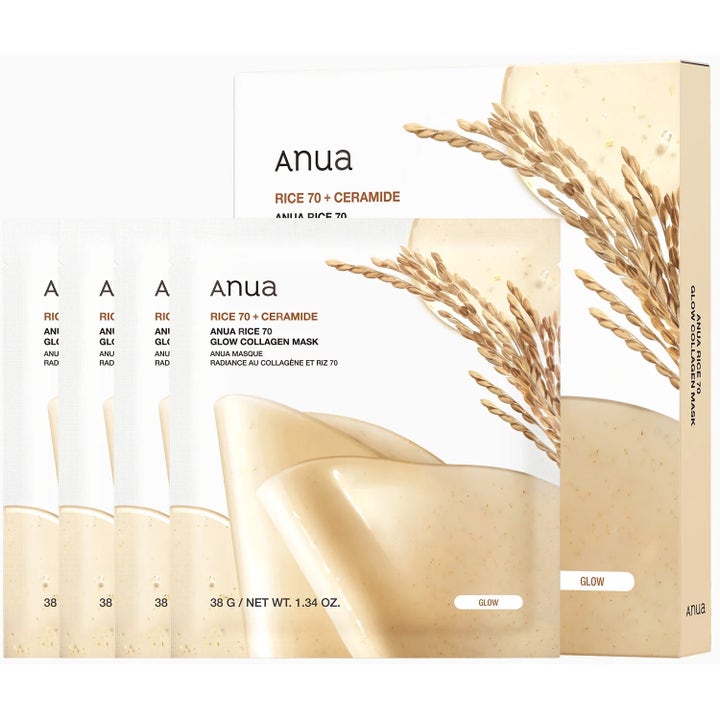 Anua Rice 70 + Ceramide Glow Collagen Mask 38 g heleyttävä kasvonaamio antaa hehkua, valkoinen pakkaus riisikuvioilla.