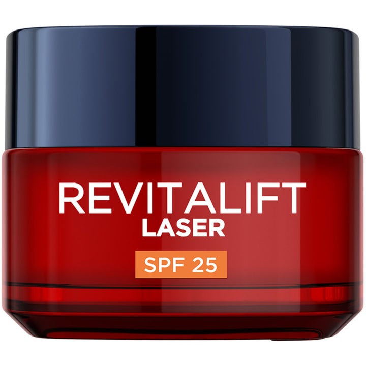 L'Oréal Paris Revitalift Laser SPF 25 50 ml silottava päivävoide punaisessa lasipurkissa tummalla korkilla
