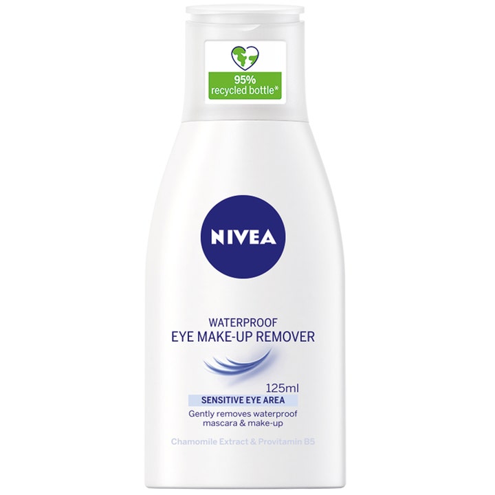 Nivea Waterproof Eye Make-up Remover 125 ml silmämeikinpoistoaine poistaa vedenkestävän meikin valkoisesta muovipullosta.