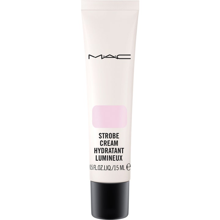 MAC Cosmetics Strobe Cream 01 15 ml heleyttävä kasvovoide valkoisessa tuubissa vaaleanpunaisella yksityiskohdalla.