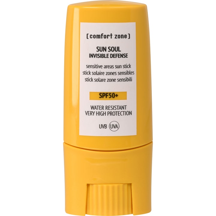 [comfort zone] Sun Soul Invisible Defense SPF50+ aurinkosuojapuikko suojaa herkkiä ihoalueita keltaisessa hylsyssä.