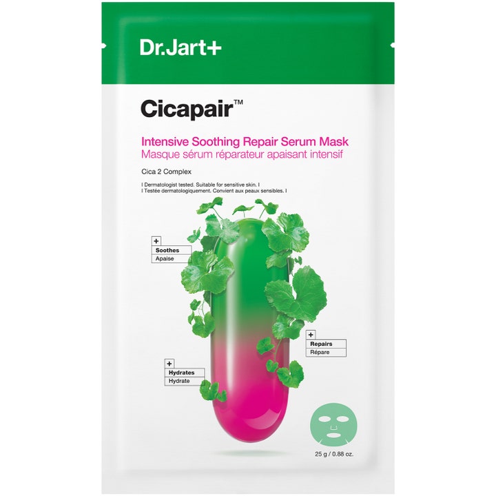 Dr.Jart+ Cicapair Intensive Soothing Repair Serum Mask 25 g rauhoittava kangasmaski valkoisessa lehtikuvioisessa pakkauksessa.
