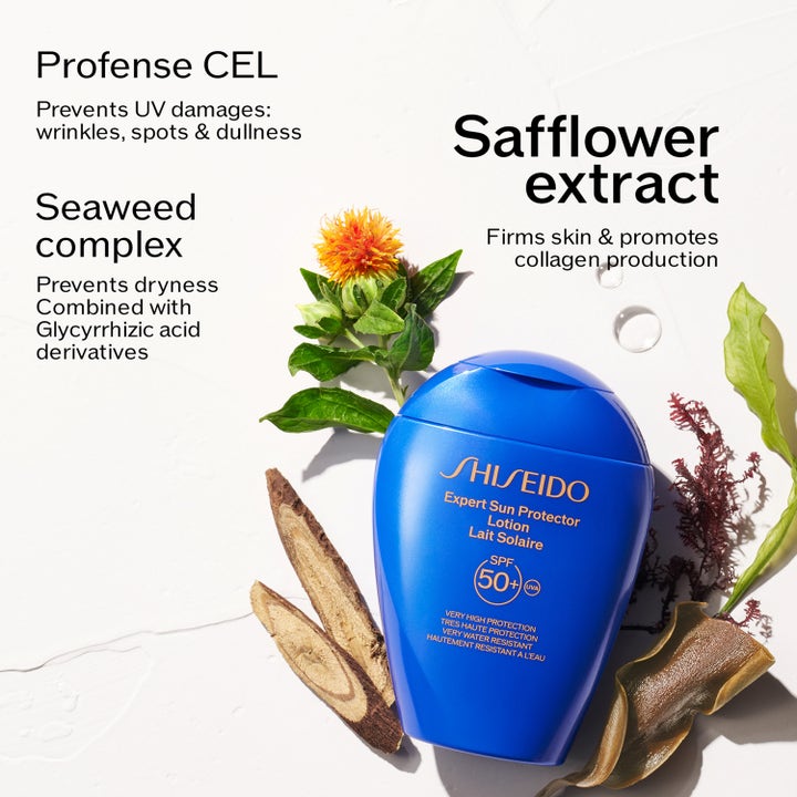 Shiseido Global Sun Care Lotion 300 ml aurinkovoide suojaa ihoa safloriuutteen ja merilevän voimin.