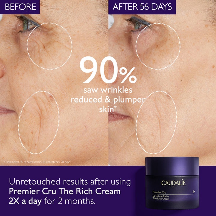 Caudalie Premier Cru The Rich Cream 50 ml silottava kasvovoide vähentää ryppyjä ennen ja jälkeen vertailussa.