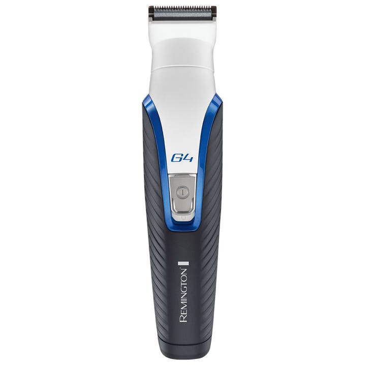 Remington G4 Graphite Series monitoimitrimmeri tarkkaan muotoiluun valkoisella yläosalla ja mustalla uritetulla rungolla