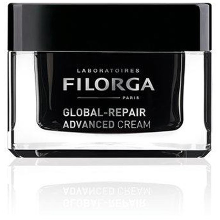 Filorga Global-Repair Advanced Cream 50 ml elvyttävä kasvovoide tyylikkäässä mustassa lasipurkissa.