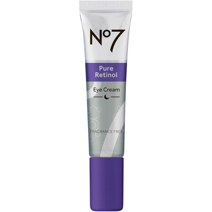 No7 Pure Retinol Eye Cream 15 ml uudistava silmänympärysvoide valkoisessa tuubissa lilalla korkilla.