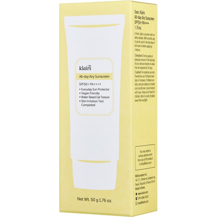 Klairs All-day Airy Sunscreen 50 ml aurinkovoide kasvoille vaaleankeltaisessa pahvipakkauksessa SPF50+