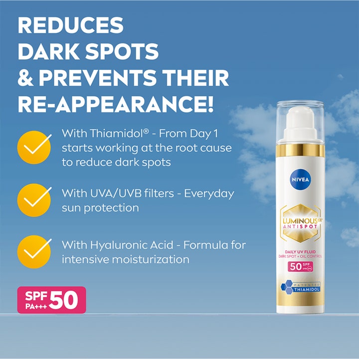 NIVEA Luminous630 Anti Dark-Spot Day Fluid 40 ml SPF 50 aurinkosuoja vaalentaa pigmenttiläiskiä ja kosteuttaa.