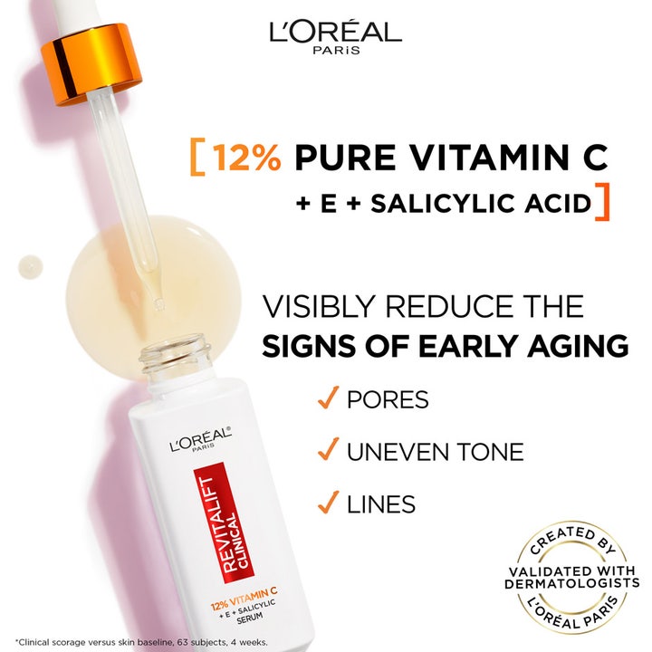 L'Oréal Paris Revitalift Clinical 12% Vitamin C Serum 30 ml kirkastava seerumi pipetillä ja vaalealla pisaralla.