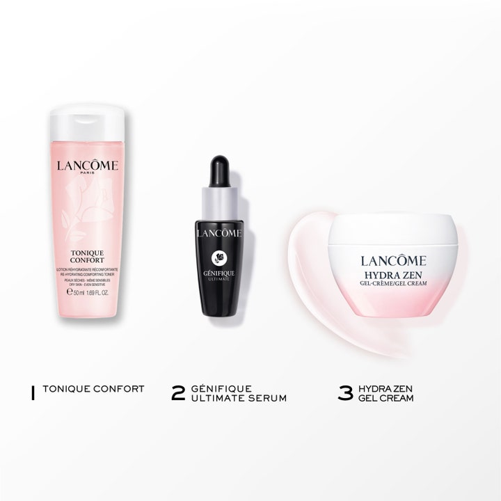 Lancôme Hydra Zen Starter Kit 2025 sisältää kasvoveden, seerumin ja geelivoiteen kosteuttavaan ihonhoitoon.