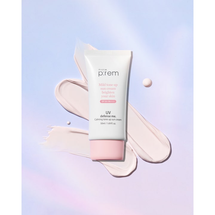 Make Prem UV Defense Me Calming Tone Up Sun Screen 50 ml kirkastava aurinkovoide ja vaaleanpunaisia voidenäytteitä