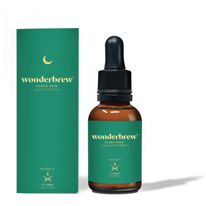 Wonderbrew Clear Skin Night Potion 5 ml kirkastava yöseerumi ruskeassa pipettipullossa ja vihreässä rasiassa.