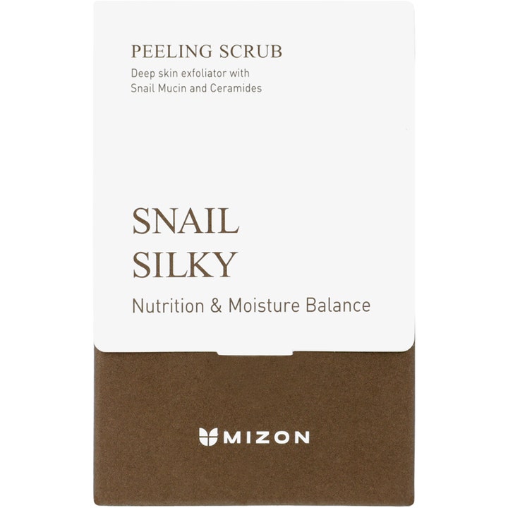 Mizon Snail Silky Peeling Scrub 5 g kuorinta-aine valkoisessa ja ruskeassa pakkauksessa.