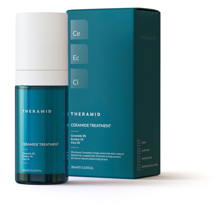 Niche Beauty Lab Theramid Ceramide Treatment 30 ml vahvistaa ihoa turkoosissa pumppupullossa ja pakkauksessa.