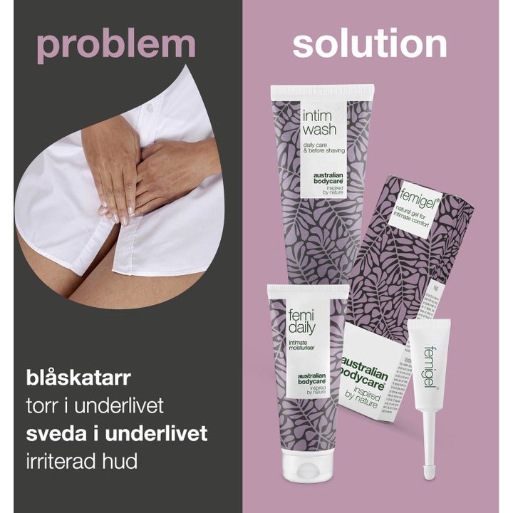 Australian Bodycare Intimate Treatment Kit 325 ml hoitaa ärsytystä ja kuivuutta Intim Wash, Femi Daily ja Femigel tuotteilla.