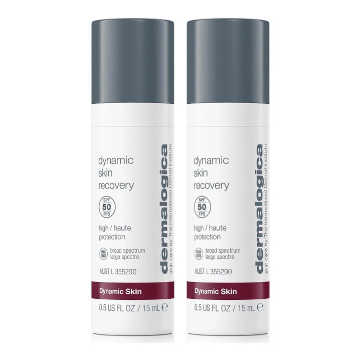 Dermalogica Dynamic Skin Recovery 15 ml suojaava SPF 50 päivävoide kaksi valkoista pulloa harmailla korkeilla