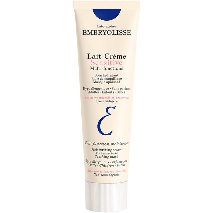 Embryolisse Lait-Crème Sensitive rauhoittava kosteusvoide herkälle iholle valkoisessa tuubissa sinisellä kuviolla.
